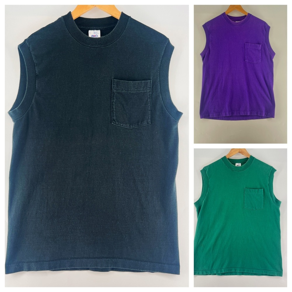 VTG 90s BVD Premium Series Muscle Shirt Lot 3 Pocket Tank Blank Single Stitch L